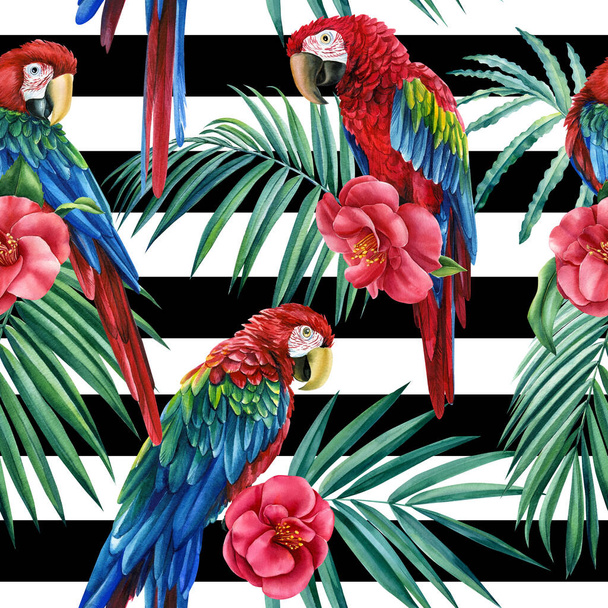 Seamless pattern of tropical birds, parrot and palm leaves with camellia flowers on a black white geometric background - Φωτογραφία, εικόνα