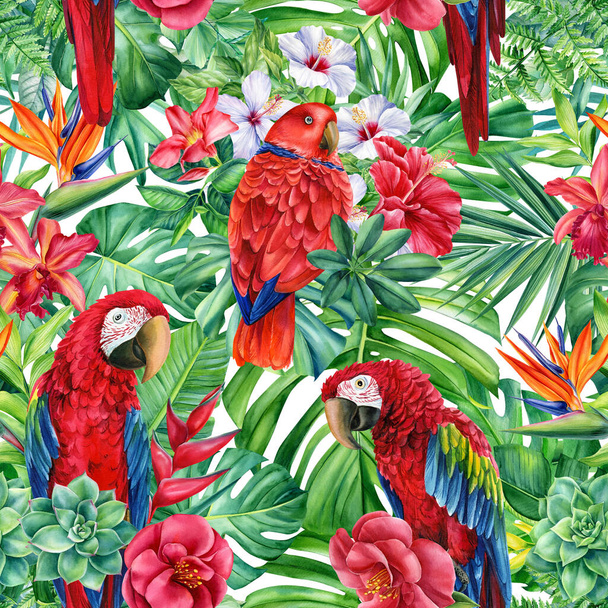 Φύλλα φοίνικα και παπαγάλος κόκκινο μακάο. Υδατογραφία άγρια ζωή εικονογράφηση, αδιάλειπτη μοτίβο, ζούγκλα σχεδιασμό - Φωτογραφία, εικόνα