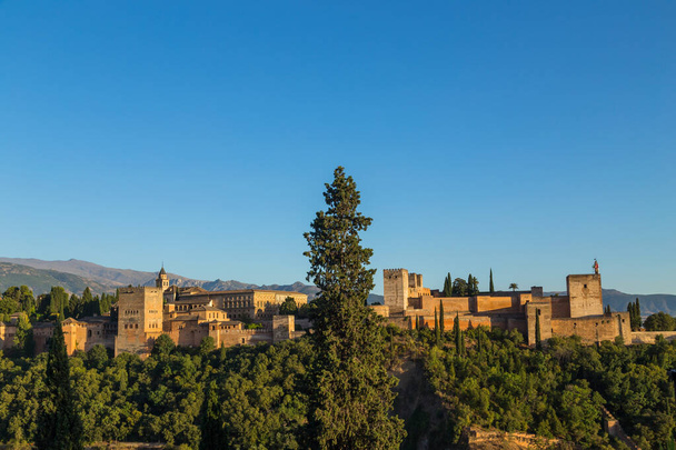 Granada, İspanya 'daki Alhambra Sarayı manzarası, arkasında Sierra Nevada dağları var. - Fotoğraf, Görsel