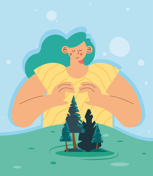 ecoloog vrouw die bomen beschermt - Vector, afbeelding