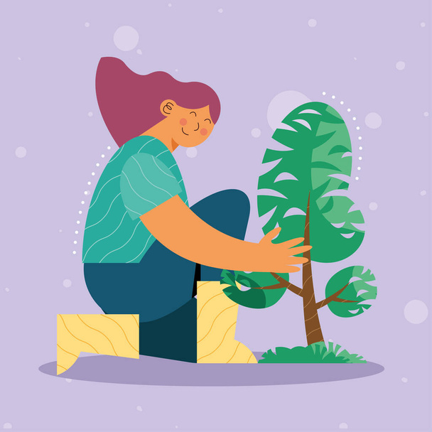 女性生態学者が木を植え - ベクター画像