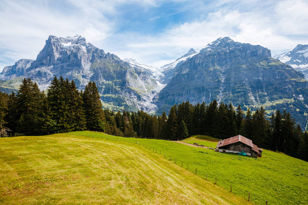 Lenyűgöző kilátás nyílik az alpesi Eiger falura. Festői és gyönyörű jelenet. Népszerű turisztikai attrakció. Helyszín Svájci Alpokban, Grindelwald völgy a Bernese Oberland, Európa. Szépségvilág. - Fotó, kép