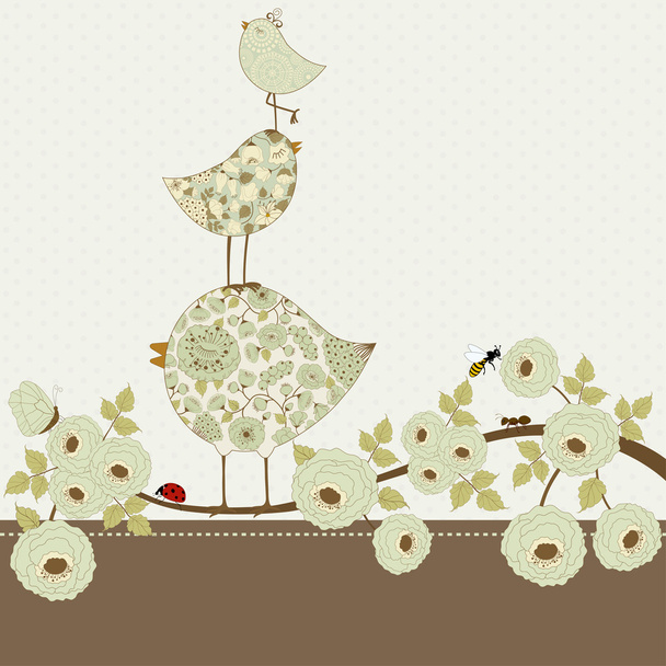 Greeting card with cute  birds on branch with flowers  - Vektör, Görsel