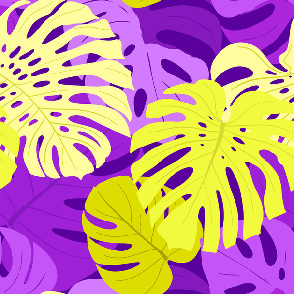 Seamless pattern with Monstera palm leaves in purple and yellow - Vector, Imagen