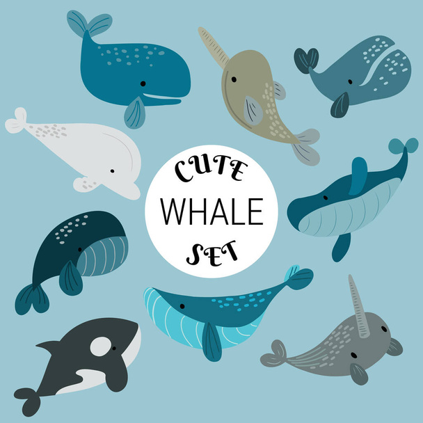 Векторний набір милих китів кліп-арт ізольовано на синьому морському фоні
 - Вектор, зображення
