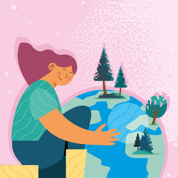 ecoloog vrouw knuffelen aarde - Vector, afbeelding