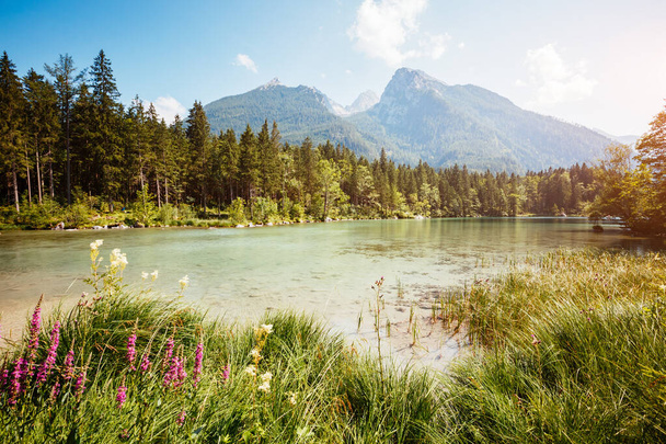 A híres Hintersee-tó az egyik legjobb hely a bolygón. Festői jelenet. Elhelyezkedés üdülőhely Ramsau, Nemzeti park Berchtesgadener Land, Felső-Bajorország, Németország Alpok, Európa. Fedezd fel a világ szépségét. - Fotó, kép