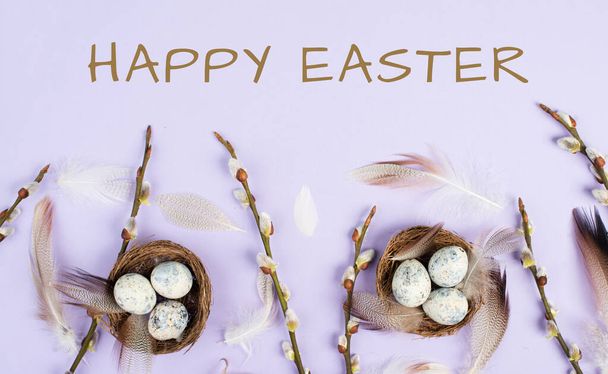 easter eggs and willow branches on a white background. - Foto, Imagem