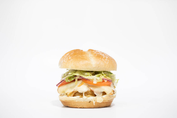 burger with cheese and tomato on white background - Fotoğraf, Görsel