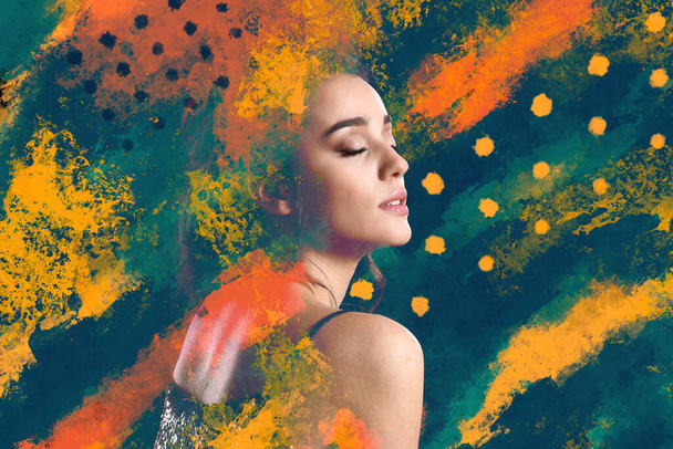 Portrait of young woman with colorful brush strokes on dark background - Foto, Bild