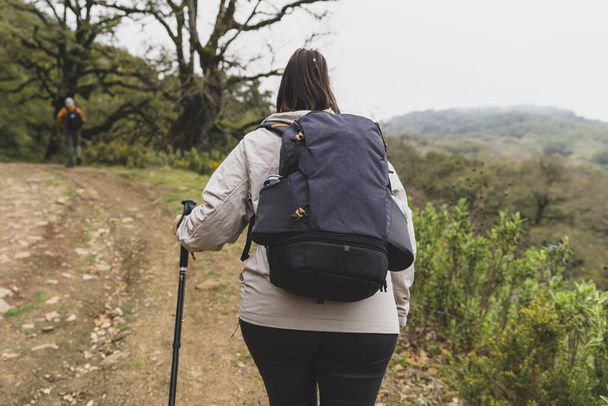 young woman with backpack hiking in the mountains - Foto, Imagem