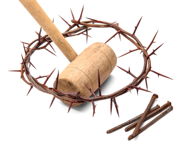 Crown of thorns with wooden mallet and nails on white background - Photo, Image