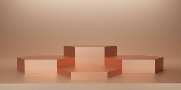 Glanzend licht oranje zeshoek sokkel of podium. Metallic Cantaloupe kleur zeshoek kubus Blanco display of clean room voor het tonen van product. Minimalistische mockup voor podiumweergave of showcase. 3D-weergave. - Foto, afbeelding