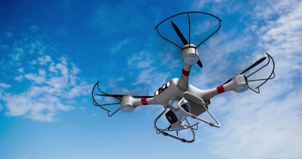 Kamera dengeleyicisi ile donatılmış 4 pervaneli dron mavi gökyüzünün altında fotoğraf çekerken eksenlerini döndürüyor. 3B Canlandırma - Video, Çekim