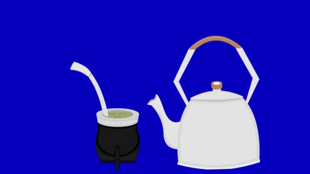 videoanimatie van een theepot die heet water in een yerba-partner giet, een klassiek drankje uit Argentinië. Op een blauwe chroma key achtergrond - Video