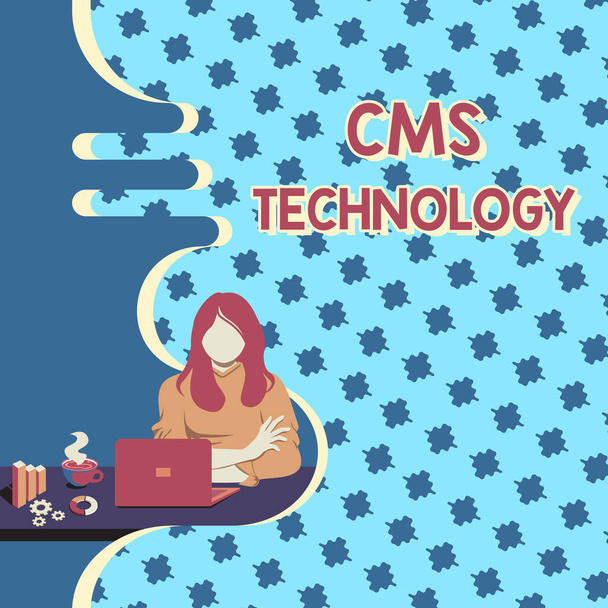 Χειρόγραφο κείμενο CMS Τεχνολογία. Προγράμματα επιχειρηματικής ιδέας που χρησιμοποιούνται για τη δημιουργία και διαχείριση ψηφιακού περιεχομένου Woman Sitting Using Laptop Online Session Συζητώντας Πρόσφατα Προγράμματα. - Φωτογραφία, εικόνα