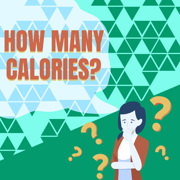 Inspiration showing sign How Many Calories Question. Business overview asking how much energy our body could get from it Lady Drawing Brainstorming New Solutions Surrounded With Question Marks. - Photo, Image