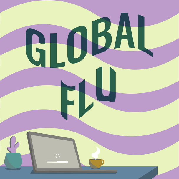 Escrevendo exibindo texto Global Flu. Conceito de Internet Doença comunicável comum espalhando-se pelo mundo todo fastly Office Desk Drawing Com Laptop Pen Holder e um aberto e arranjado - Foto, Imagem