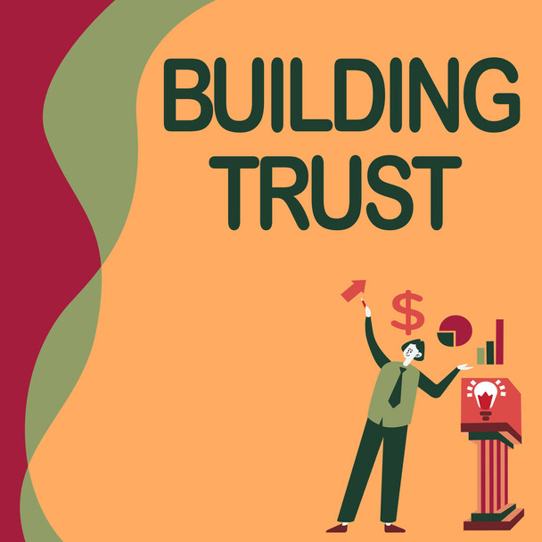 "Building Trust" tabelasını gösteren bir ilham. Çalışmayı etkin bir şekilde yürütmek, grafikleri sunmak ve Podyumlu Yeni Finansal Fikirler arasında yükselen güvenin kavramsal fotoğraf etkinliği. - Fotoğraf, Görsel