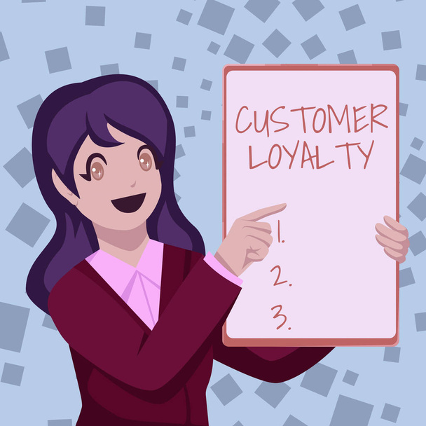 Text caption presenting Customer Loyalty. Internet Concept result of consistently positive emotional experience Business Woman Drawing Holding Blank White Board Presenting Announcements - Photo, Image