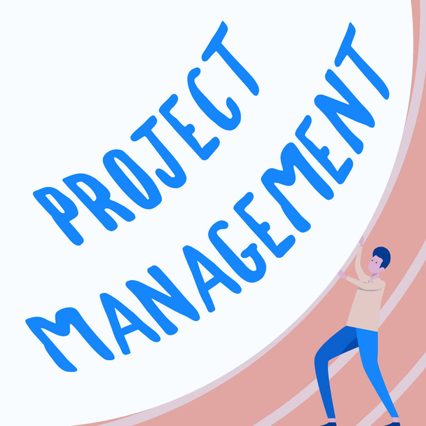 Sign displaying Project Management. Business overview Application Process Skills to Achieve Objectives and Goal Gentleman Drawing Standing Pushing Big Circular Object. - Photo, Image