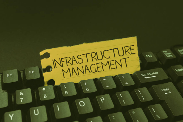 Text sign showing Infrastructure Management. Business concept minimize downtime, maintain business productivity Creating New Online Cookbook, Typing And Sharing Cooking Recipes - Photo, Image