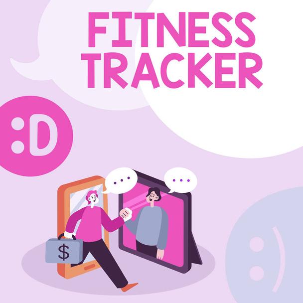 Szöveges felirat bemutatása Fitness Tracker. Üzleti ötlet eszköz, amely rögzíti a személyek napi fizikai aktivitás Két Munkatársak Találkozó Online Megvitatása Jövő Projekt ötletek. - Fotó, kép