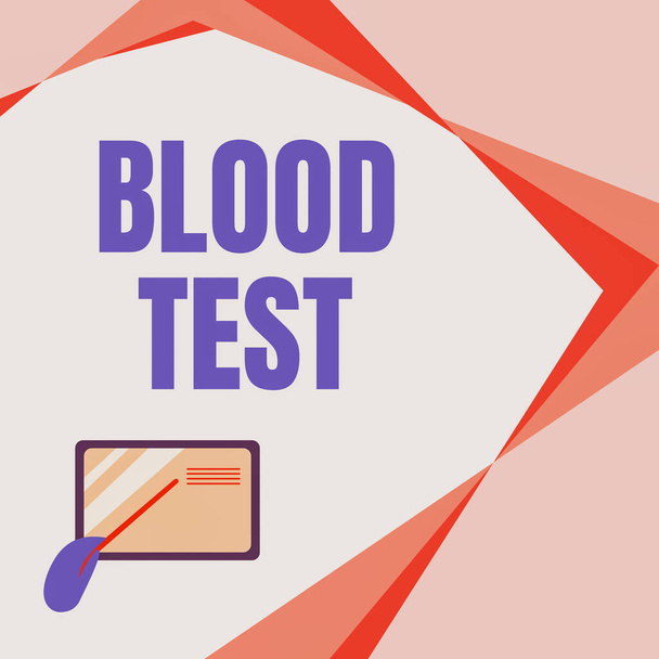 Text showing inspiration Blood Test. Conceptual photo Extracted blood sample from an organism to perfom a laboratory analysis Card Drawing With Hand Pointing Stick At Small Details. - Photo, Image