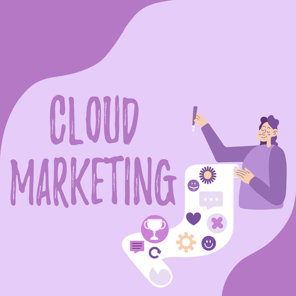 Conceptual caption Cloud Marketing. Word Written on The process of an organisation to market their services Lady Presenting Paper Showing Her Accomplishments Goals Project Ideas. - Photo, Image
