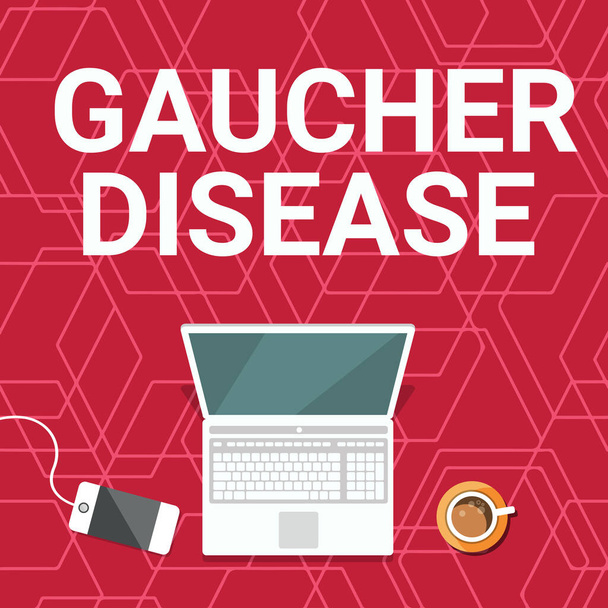 Writing displaying text Gaucher Disease. Business idea autosomal recessive inherited disorder of metabolism Laptop Resting On A Table Beside Coffee Mug And Plant Showing Work Process. - Photo, Image