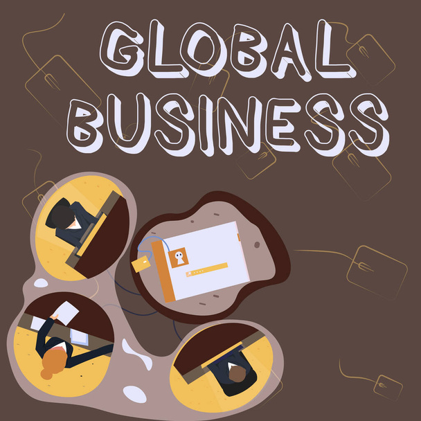 Podpis koncepcyjny Global Business. Business showcase Handel i biznes system firma robi na całym świecie Koledzy o Office Meeting Sharing Thoughts Wyświetlanie nowego planu projektu. - Zdjęcie, obraz