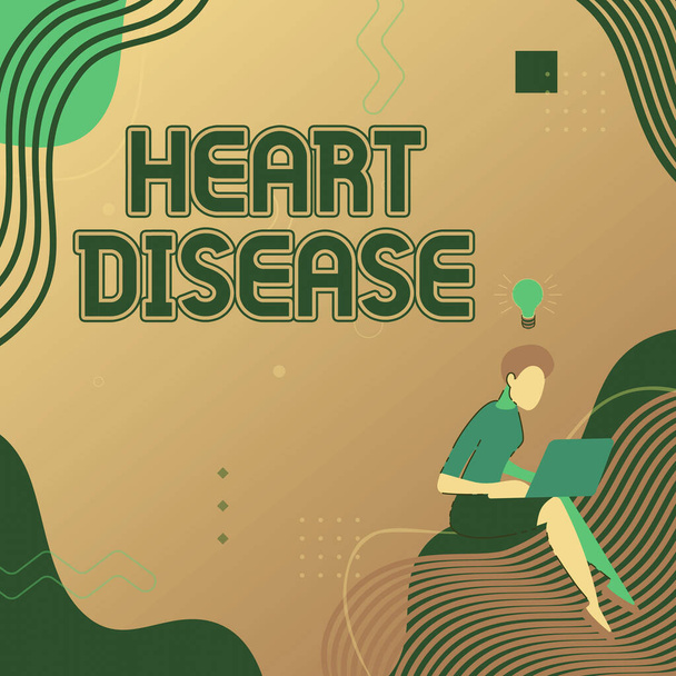 Hand writing sign Heart Disease. Business concept Heart disorder Conditions that involve blocked blood vessels Woman Sitting With Laptop Actively Accomplishing Work From New Thoughts. - Photo, Image