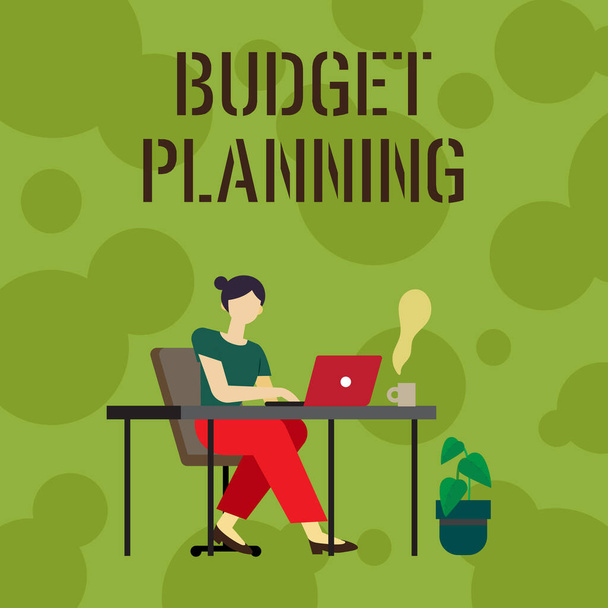 Text sign showing Budget Planning. Conceptual photo The written description about current and future expenses Woman Sitting With Laptop Back View Actively Accomplishing Work From Home - Photo, Image