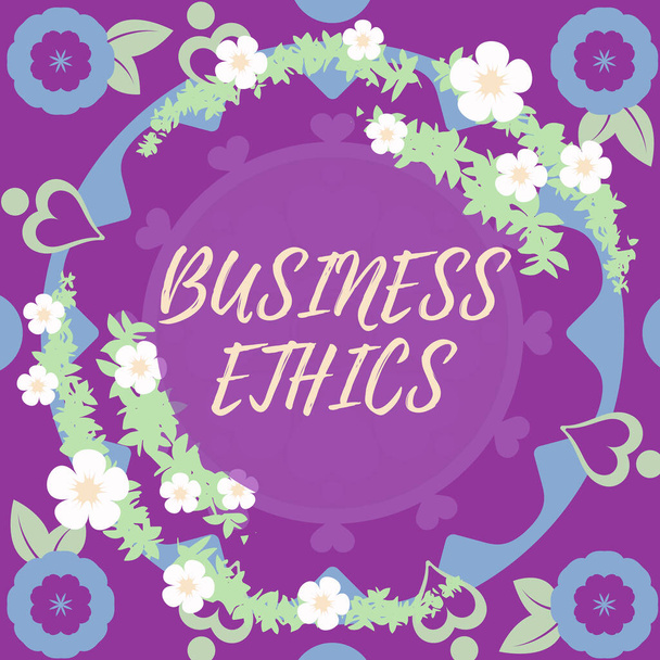 ビジネス倫理の表示に署名します。ビジネスアイデアビジネスがどのように振る舞うかを導く道徳的な原則抽象化された近代化されたフォームの花と葉で飾られたブランクフレーム. - 写真・画像
