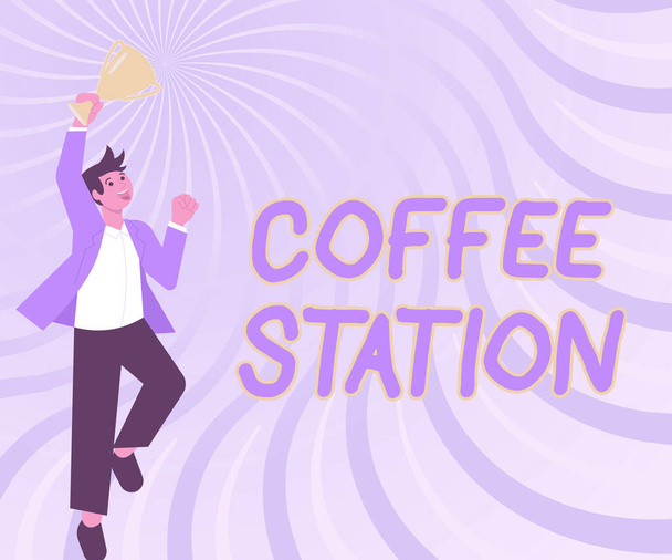 Conceptual caption Coffee Station. Conceptual photo a small informal restaurant where hot drinks are served Gentleman Jumping Excitedly Holding Trophy Showing Accomplishments. - Photo, Image