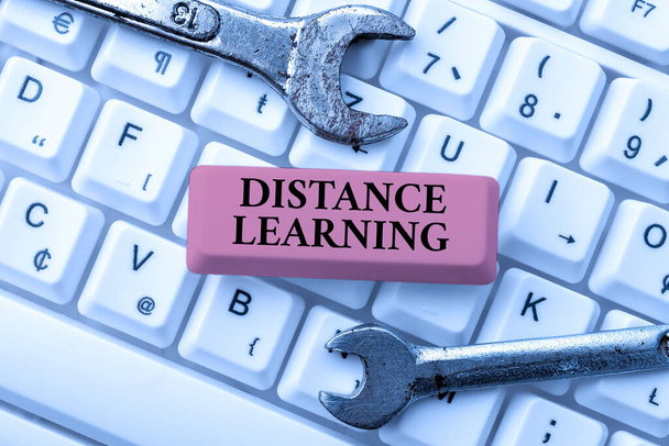 Conceptual caption Distance Learning. Business overview educational lectures broadcasted over the Internet remotely Downloading Online Files And Data, Uploading Programming Codes - Photo, Image