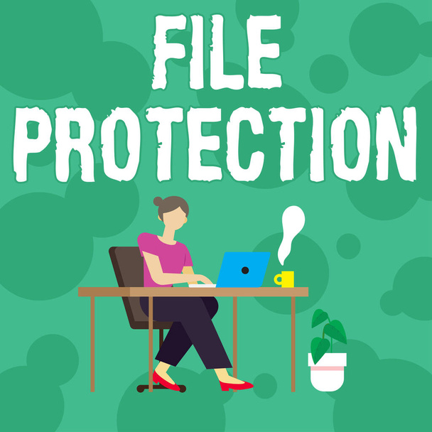 Conceptual display File Protection. Internet Concept Preventing accidental erasing of data using storage medium Woman Sitting With Laptop Back View Actively Accomplishing Work From Home - Photo, Image