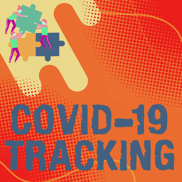 Covid 19 Trackingを表示します。概念的な写真感染した可能性のある個人の識別プロセスチームがジグソーピースを保持し、問題を解決するためにお互いを助ける. - 写真・画像