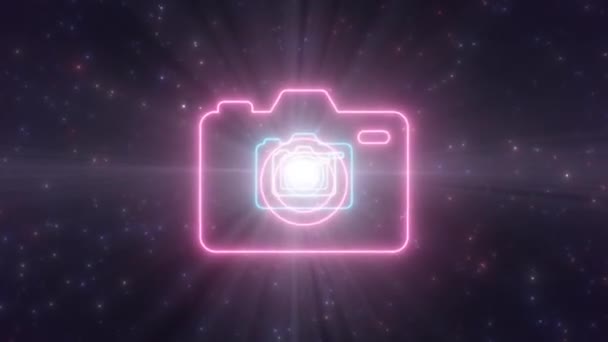 Valokuvakamera Symbol muoto ääriviivat Kirkas hehku Neon valot tunneli Hall - 4K Saumaton VJ Loop Motion Taustaa Animaatio - Materiaali, video