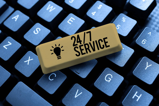 Koncepční popisek 24 Or7 Service. Obchodní koncept poskytuje pomoc, která je k dispozici po celou dobu psaní on-line turistický průvodce, Hledání internetových nápadů a vzorů - Fotografie, Obrázek