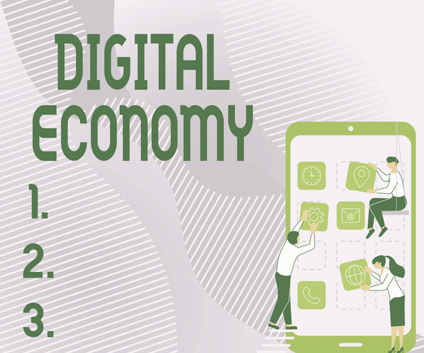 Metin işareti Dijital Ekonomi 'yi gösteriyor. S Dekorasyon Mobil Uygulaması Taşıyıcı Üç Meslektaşlar Dünya çapında ekonomik faaliyetler ve teknolojiler ağında yazıldı. - Fotoğraf, Görsel