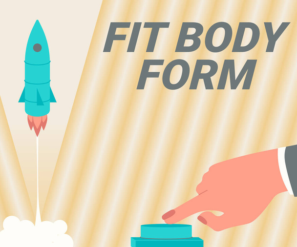 Inspiratie met bord Fit Body Form. Word Written on Perfect silhouet verkregen door het doen van oefening en dieet Man Hand Drukknop te lanceren Rocket To Space voor nieuwe horizonten. - Foto, afbeelding