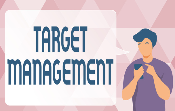 Writing displaying text Target Management. Business idea nurturing the engagement of customers in the business Man Illustration Using Mobile And Displaying Speech Bubble Conversation. - Photo, Image