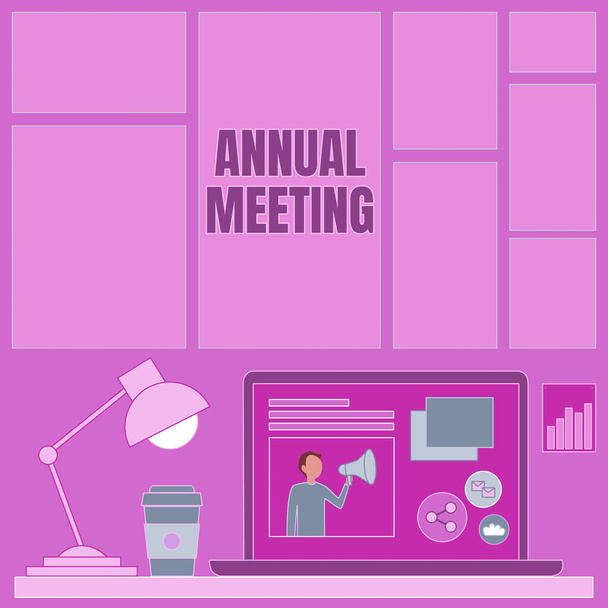 Kézírás tábla éves találkozó. Internet Concept Éves összejövetele egy szervezet érdekelt részvényesek Laptop egy asztalon mellett kávé bögre és íróasztal lámpa bemutatása munkafolyamat. - Fotó, kép