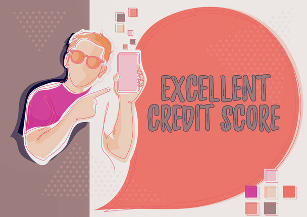 Writing displaying text Excellent Credit Score. Conceptual photo number that evaluates a consumer s is creditworthiness Line Drawing For Guy Holding Phone Presenting New Ideas With Speech Bubble. - Photo, Image