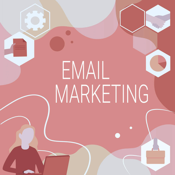 Teksti merkki osoittaa Email Marketing. Internet-konsepti kaupallisen viestin lähettäminen ryhmälle, joka näyttää sähköpostin avulla Nainen Innovatiivinen ajattelu Johtavat ideat kohti vakaata tulevaisuutta. - Valokuva, kuva
