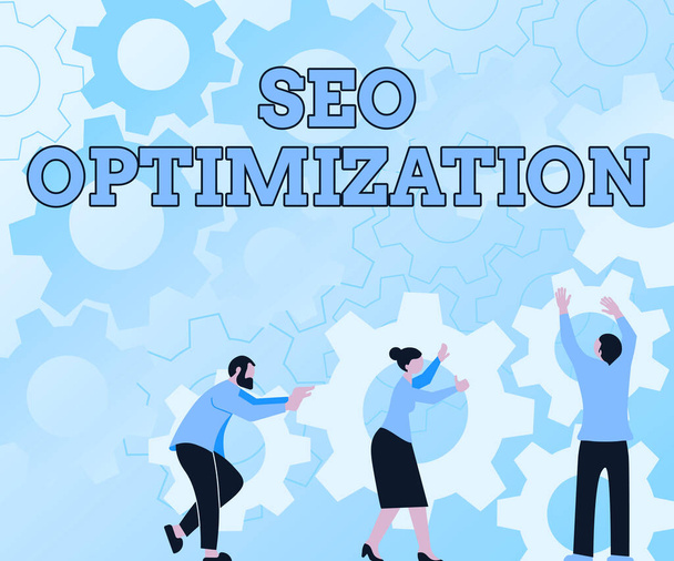 Text sign showing Seo Optimization. Business showcase process of affecting online visibility of website or page Colleagues Carrying Cogwheels Arranging New Workflow Achieving Teamwork. - Photo, Image