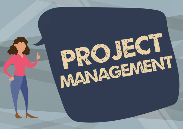 Tekstbord met Project Management. Business showcase Application Process Skills to Achieve Objectives and Goal Illustration Of Woman Speaking In Chat Cloud Ideeën bespreken. - Foto, afbeelding