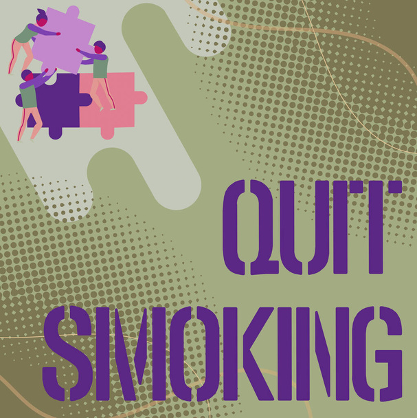 Mesaj işareti sigarayı bıraktığını gösteriyor. Sorunu çözmek için birbirlerine yardım eden yapboz parçaları tutan tütün ve diğer sigara içenler için bir kelime.. - Fotoğraf, Görsel