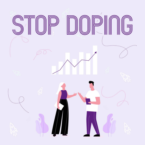 Assinatura exibindo Stop Doping. Conceito de negócio não use drogas proibidas para melhorar o desempenho atlético Ilustração de parceiros Compartilhando ideias maravilhosas para melhorar a habilidade. - Foto, Imagem